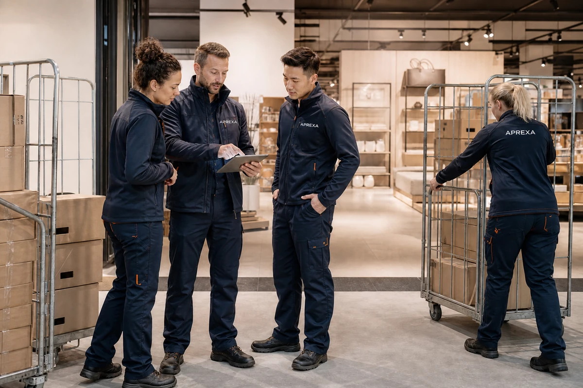 Vierköpfiges Projektteam in Aprexa-Arbeitskleidung bespricht den Einsatz am
                    Tablet, daneben Rollcontainer mit Kartons auf der Verkaufsfläche.