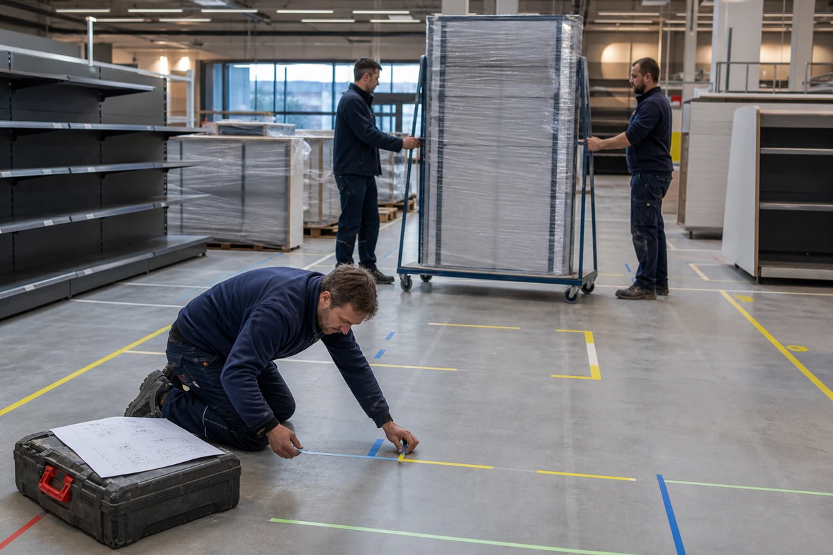Umbau einer Verkaufsfläche: ein Mitarbeiter misst die Stellfläche am Boden aus,
                    zwei weitere schieben ein foliertes Regalelement heran.