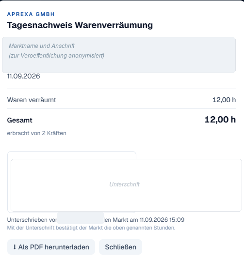 Echter Tagesnachweis aus dem Aprexa-Kundenportal mit Stunden, Bestätigung und Unterschrift der Marktleitung; Marktname und Unterschrift sind zur Veröffentlichung geschwärzt.